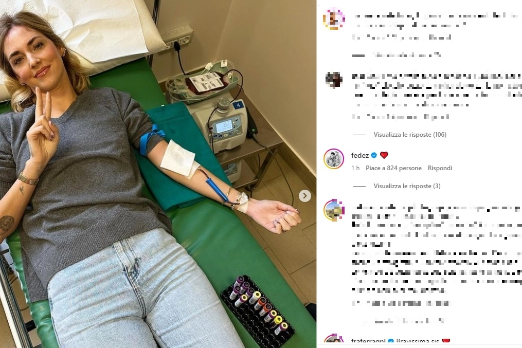 La foto di Chiara ferragni dal Policlinico e a destra il commento di Fedez su Instagram