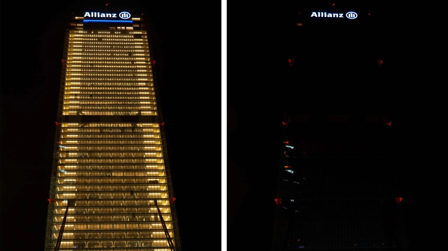 Torre Allianz accesa e, a destra, spenta per "M'illumino di meno"