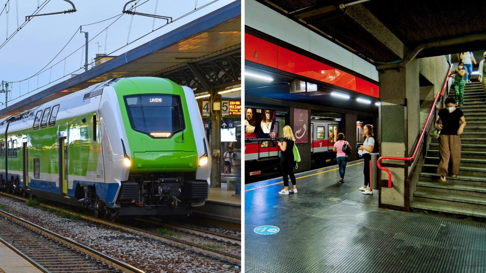 Un treno Caravaggio di Trenord, a sinistra, e la metro rossa di Milano Un treno Caravaggio di Trenord, a sinistra, e la metro rossa di Milano
