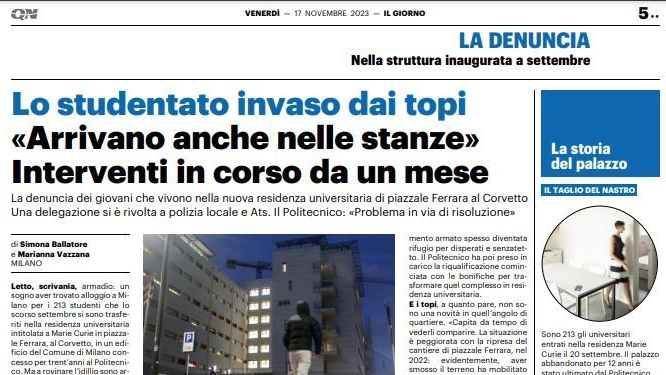L'articolo de "Il Giorno" del 17 novembre sull'invasione di topi nello studentato di piazzale Ferrara