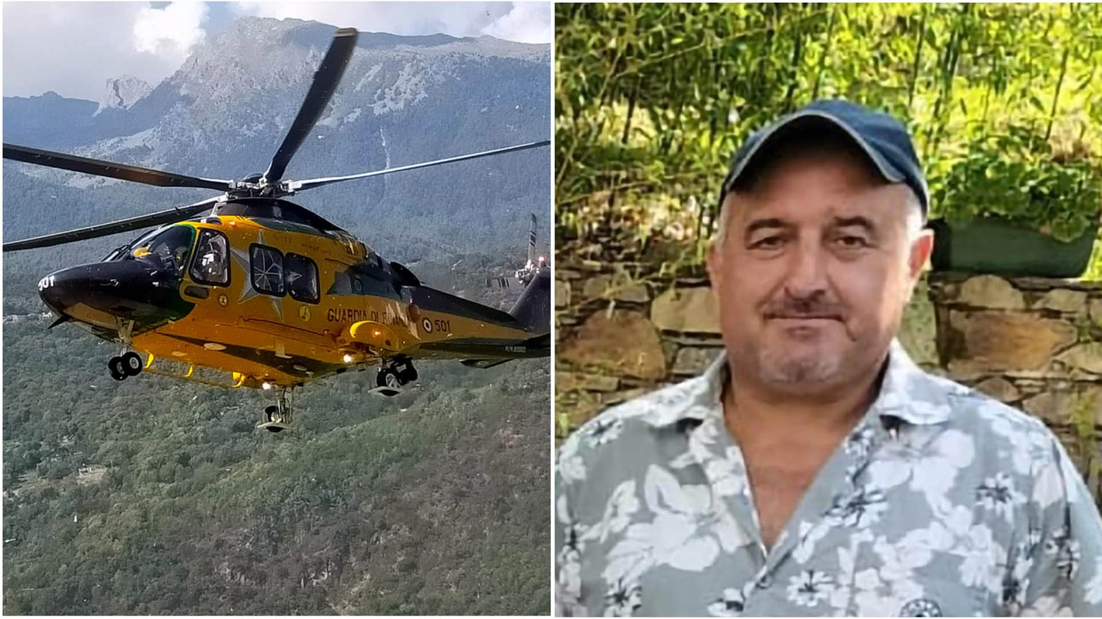 Martino Cazzola, l'operaio 54enne disperso, e uno degli elicotteri che lo sta cercando