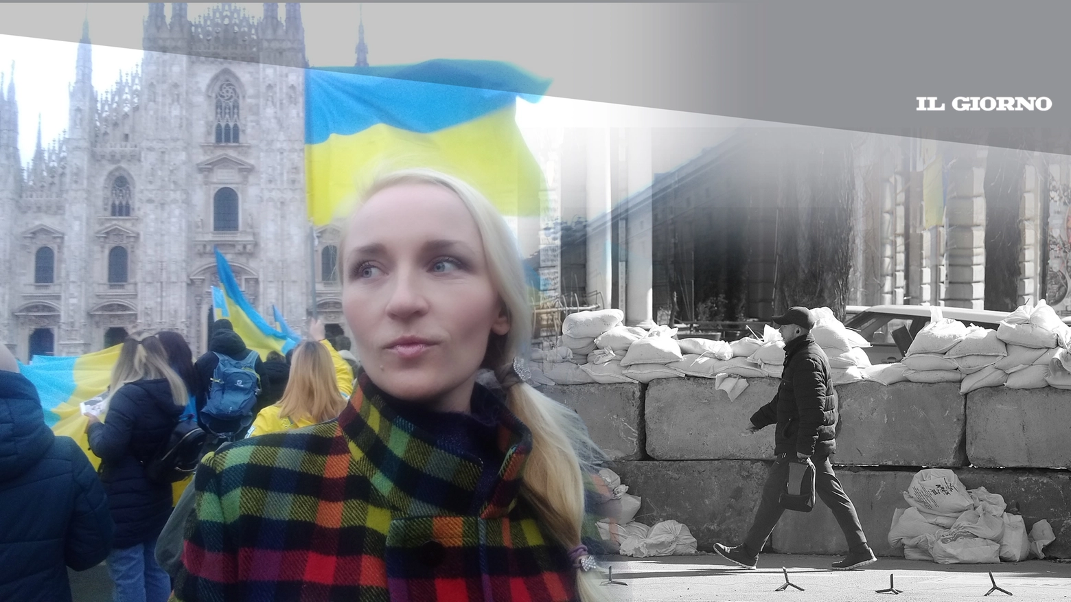 Daria Kashina a una manifestazione a Milano. Sullo sfondo barricate a Odessa