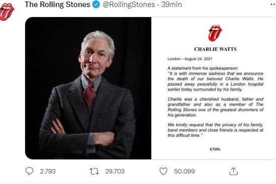 Il tweet dei Rolling Stones (Twitter @rollingstones)