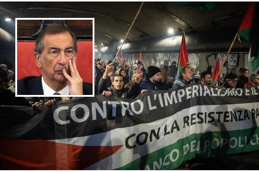 Manifestazione pro Palestina a Milano; nel riquadro, il sindaco Sala