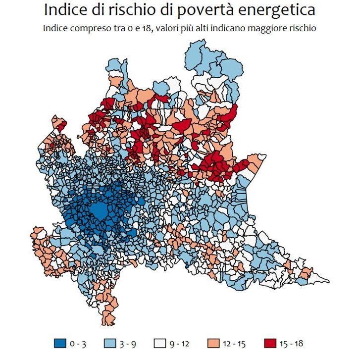 Percentuale di famiglie in povertà energetica nei vari comuni lombardi