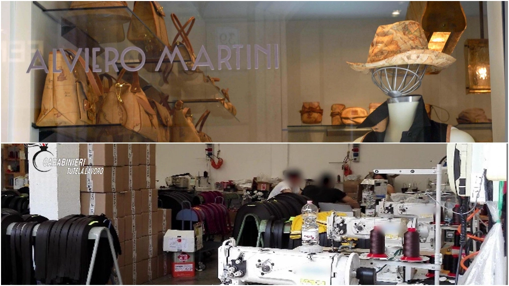 In alto, la vetrina di un negozio Alviero Martini. Sotto, uno dei laboratori perquisiti dai carabinieri