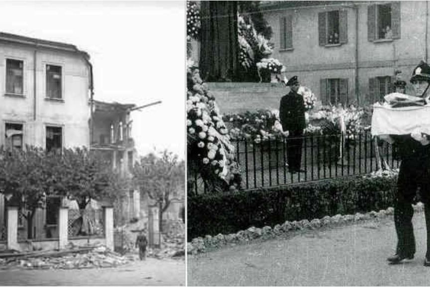 La scuola Francesco Crispi sventrata dalla bomba e la traslazione dei resti delle vittime nell'ossario sotto al monumento per i Piccoli Martiri di Gorla nella metà degli anni 50 (foto: piccolimartiri.it)