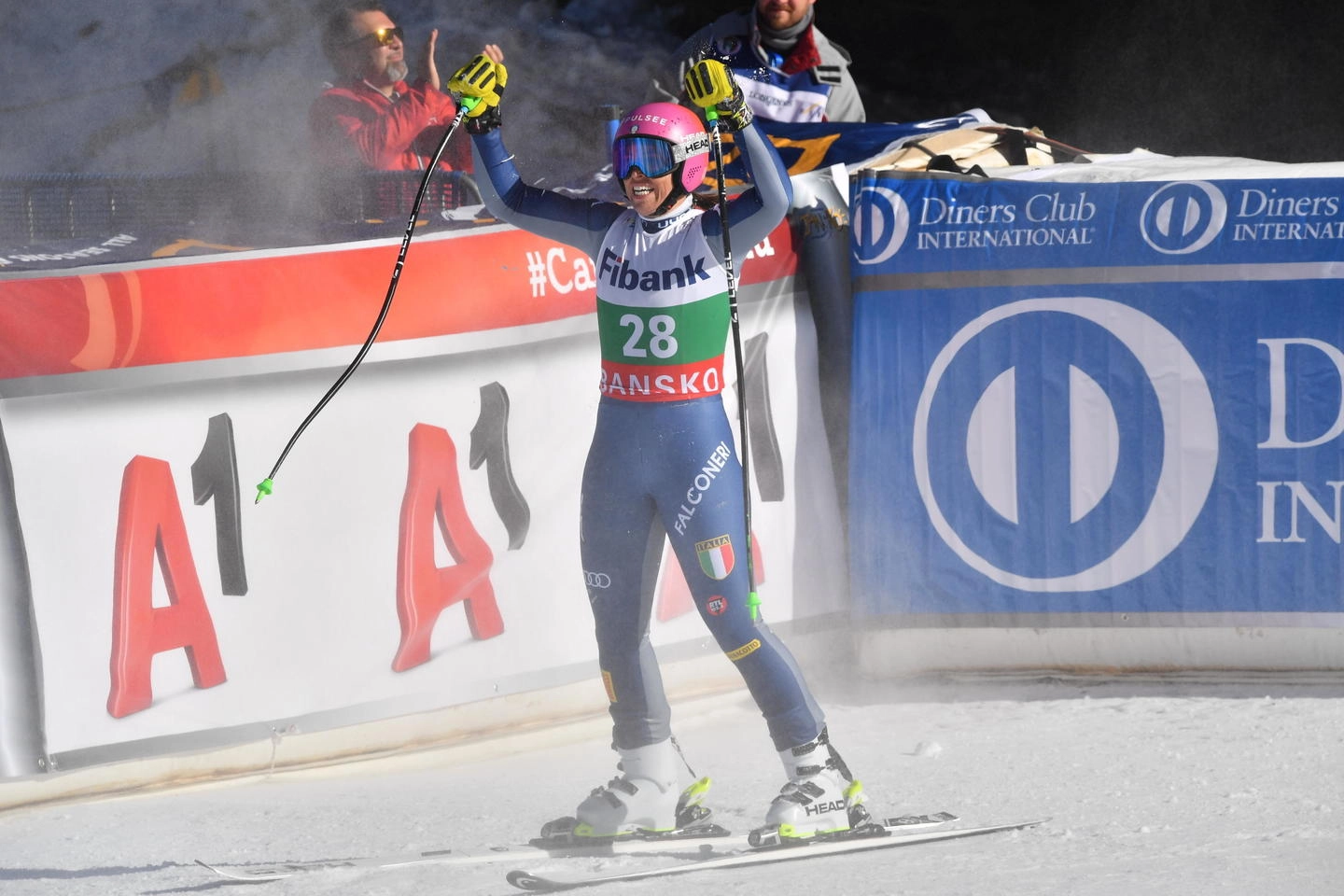 epa08162413 Elena Curtoni of Italy reacts in the finish area during the Women's Downhill race at the FIS Alpine Skiing World Cup in Bansko, Bulgaria on 25 January 2020.  EPA/GEORGI LICOVSKI