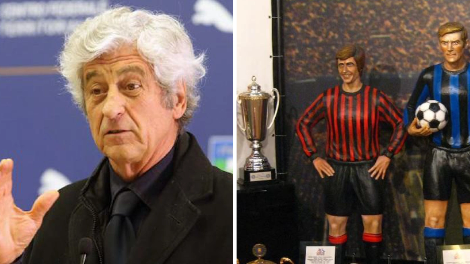 Gianni Rivera, 80 anni, ha vinto tutto con il Milan. A destra, la statuina della querelle, accanto a quelle di Giacinto Facchetti