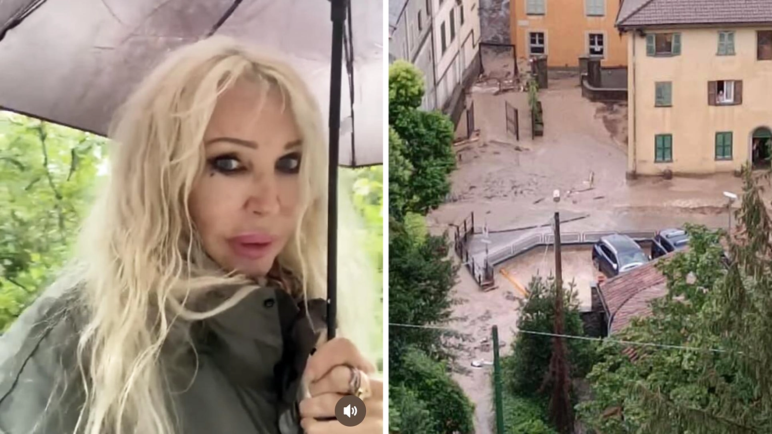 Ivana Spagna e, a destra, l'esondazione del torrente a Blevio