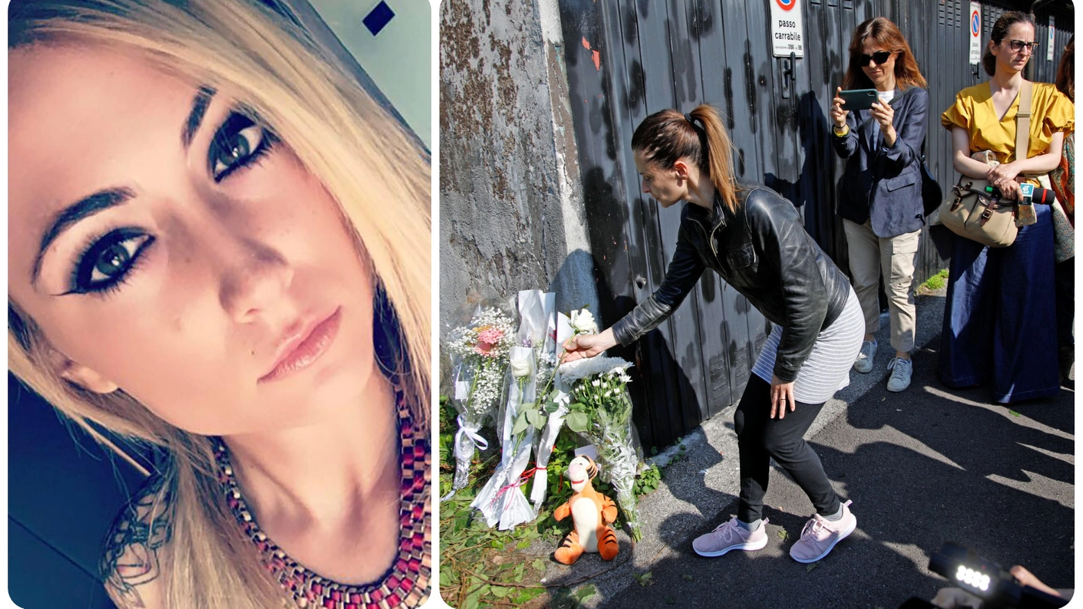 Giulia Tramontano e i fiori sul luogo dove è stato trovato il cadavere