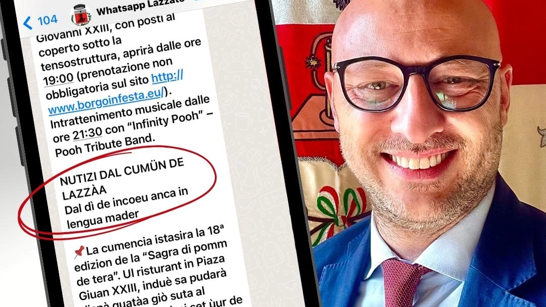 Il sindaco di Lazzate Adrea Monti e un esempio delle notizie in dialetto sullo smartphone