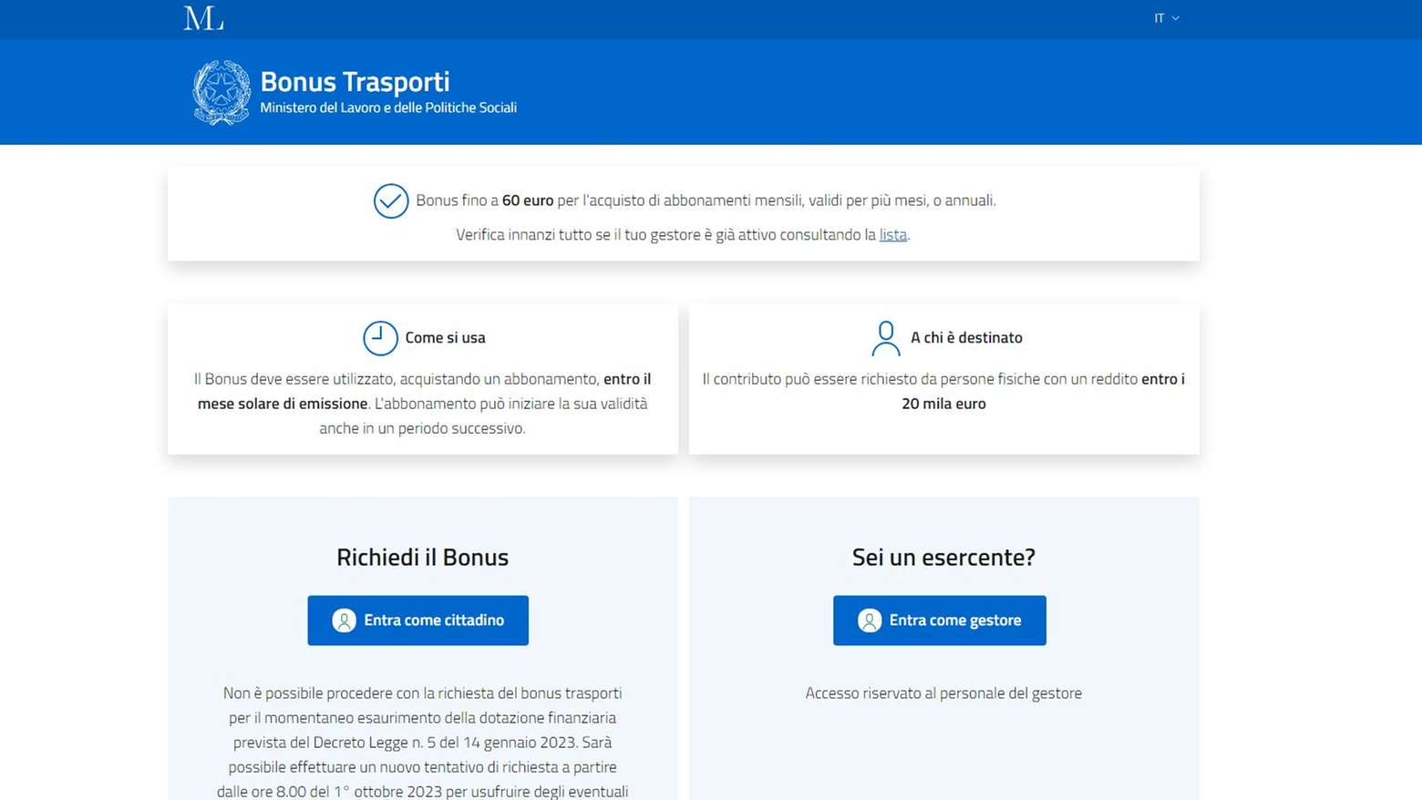 Bonus Trasporti esaurito Bonus Trasporti esaurito