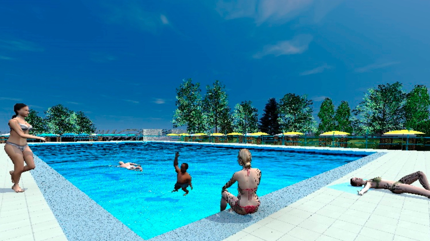 Il rendering della futura piscina così come era stata immaginata dai progettisti