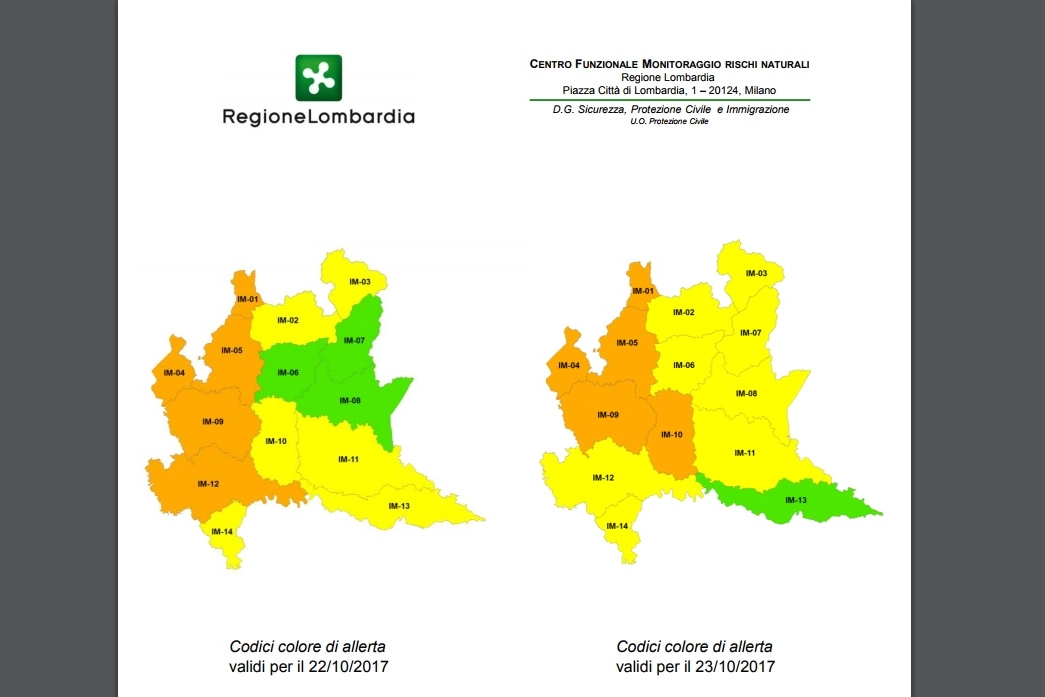 L'allerta meteo in Lombardia per il 22/10 e il 23/10 (da sito Prot. Civile)