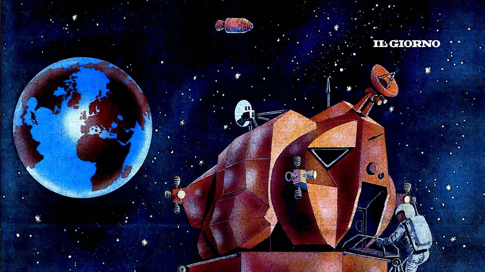 Illustrazione della prima pagina del Giorno per lo sbarco sulla Luna, nel 1969