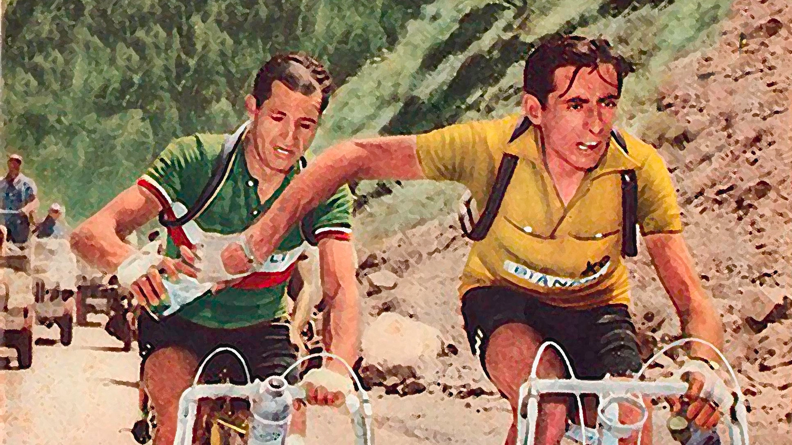 Gino Bartali e Fausto Coppi nel celebre passaggio della borraccia