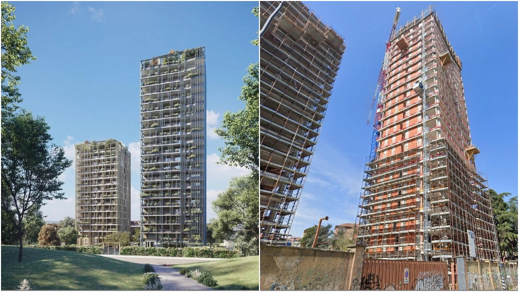 A sinistra, il rendering del progetto Park Towers in via Crescenzago. A destra, il cantiere dei grattacieli