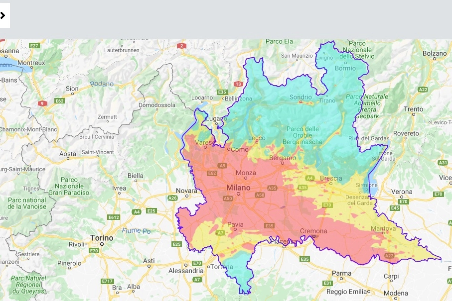 La mappa della qualità dell'aria dal sito di Arpa Lombardia