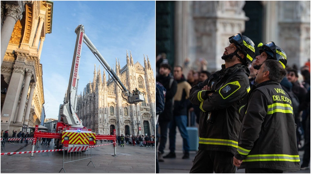 L'intervento dei Vigili del Fuoco in piazza Duomo (Foto Canella)