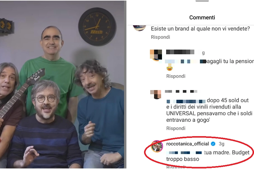 A sinistra Elio e le Storie Tese nel video "sotto accusa" e a destra la rispostaccia di Rocco Tanica