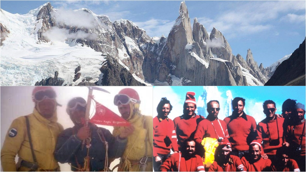 Il Cerro Torre, sotto lo scatto sulla vetta conquistata il 13 gennaio 1974 e la spedizione dei Ragni al completo
