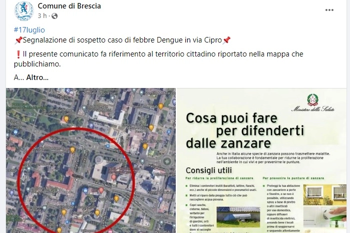 Il post su Facebook del Comune di Brescia