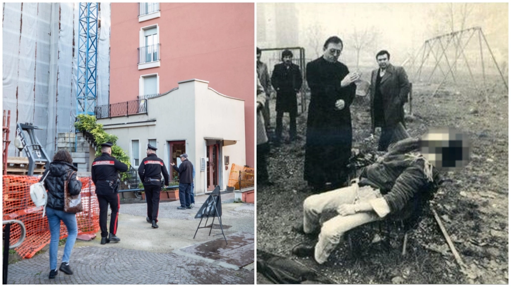 La casa di Giuseppina Manzoni; a destra, la foto che immortalò la morte del figlio Dario (da Spazio '70)