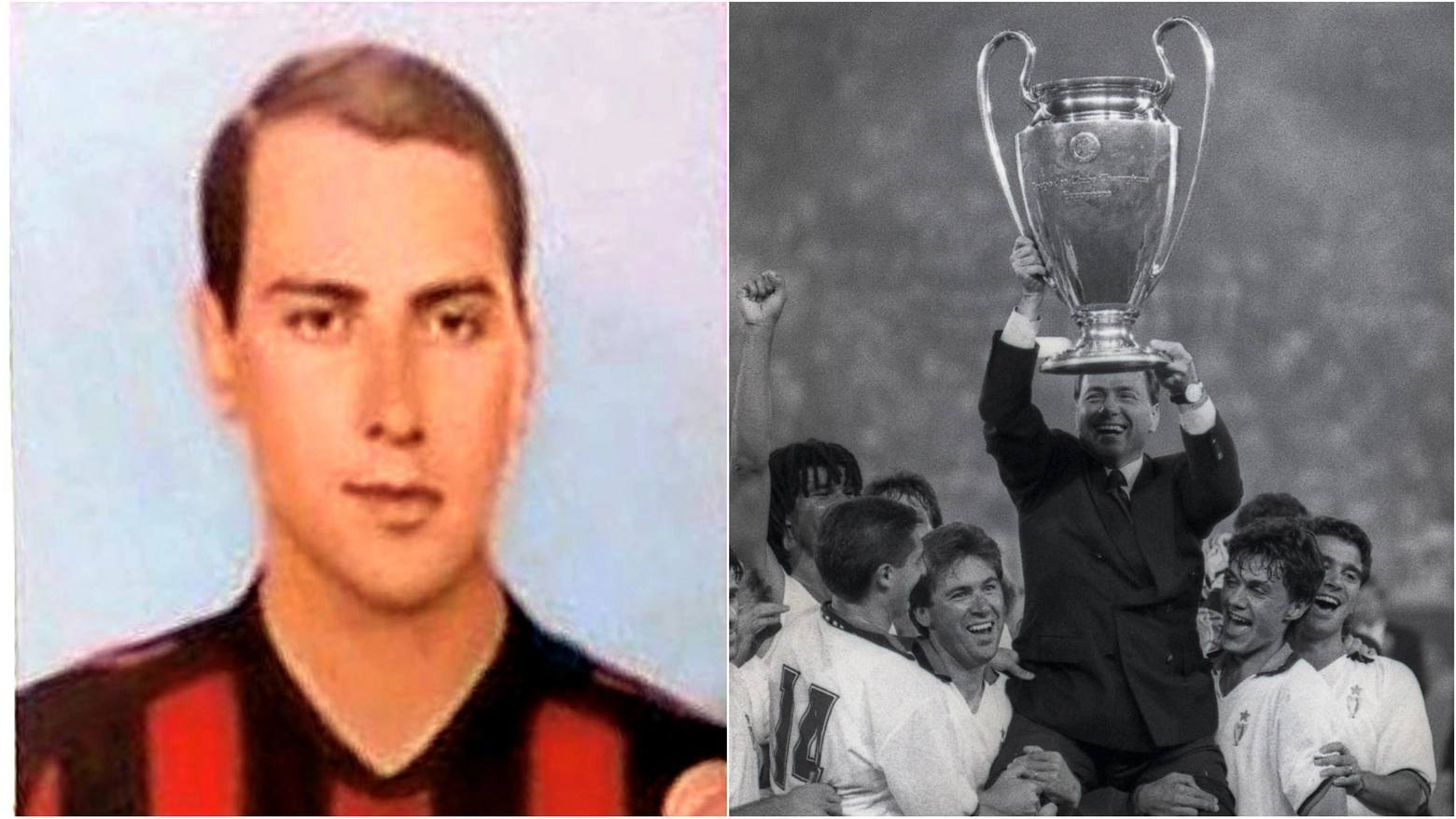 Un giovanissimo Silvio Berlusconi con la maglia del Milan e mentre festeggia la Coppa dei Campioni