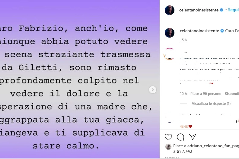 Lettera di Adriano Celentano a Fabrizio Corona (Instagram)