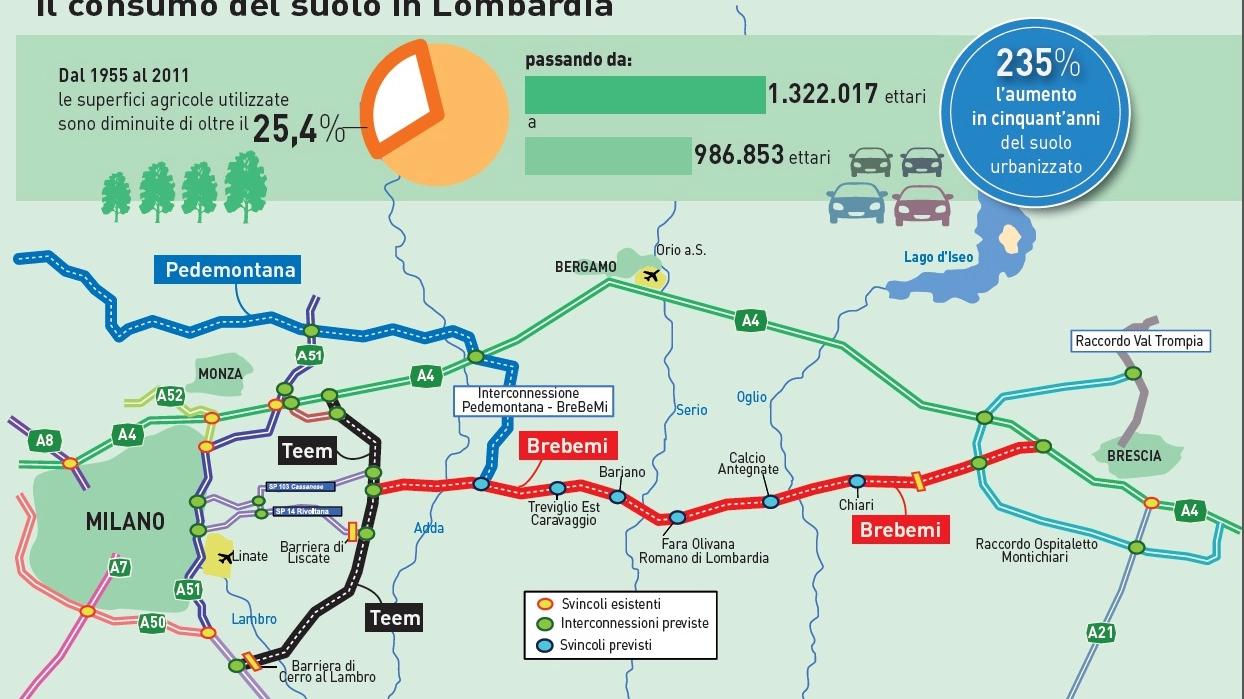 La mappa delle nuove autostrade in Lombardia: Teem, Brebemi e Pedemontana