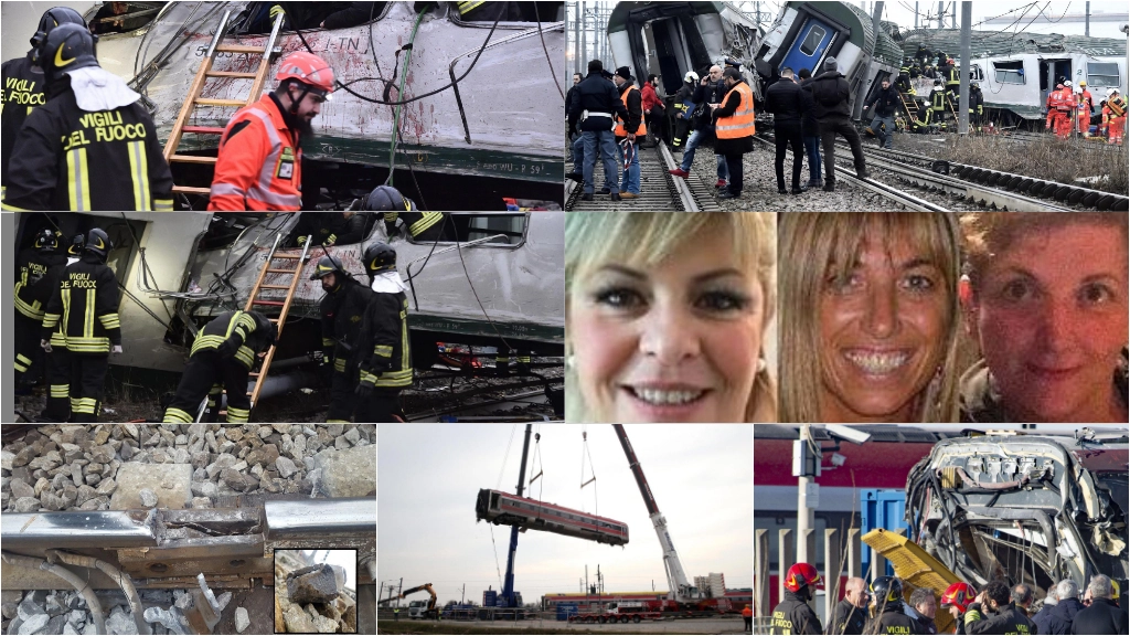 Dall'alto alcune immagini relative alla sciagura ferroviaria di Pioltello, con le tre vittime e il dettaglio del giunto rotto. Sotto il recupero dei resti del Frecciarossa a Livraga