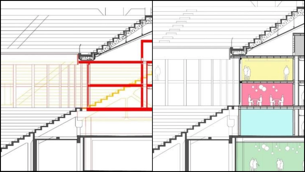 Il progetto del nuovo quarto anello, che dovrebbe sorgere tra gli attuali primo e secondo. A sinistra, la struttura attuale (in giallo la gradinata attuale). A destra, gli spazi del nuovo quarto anello