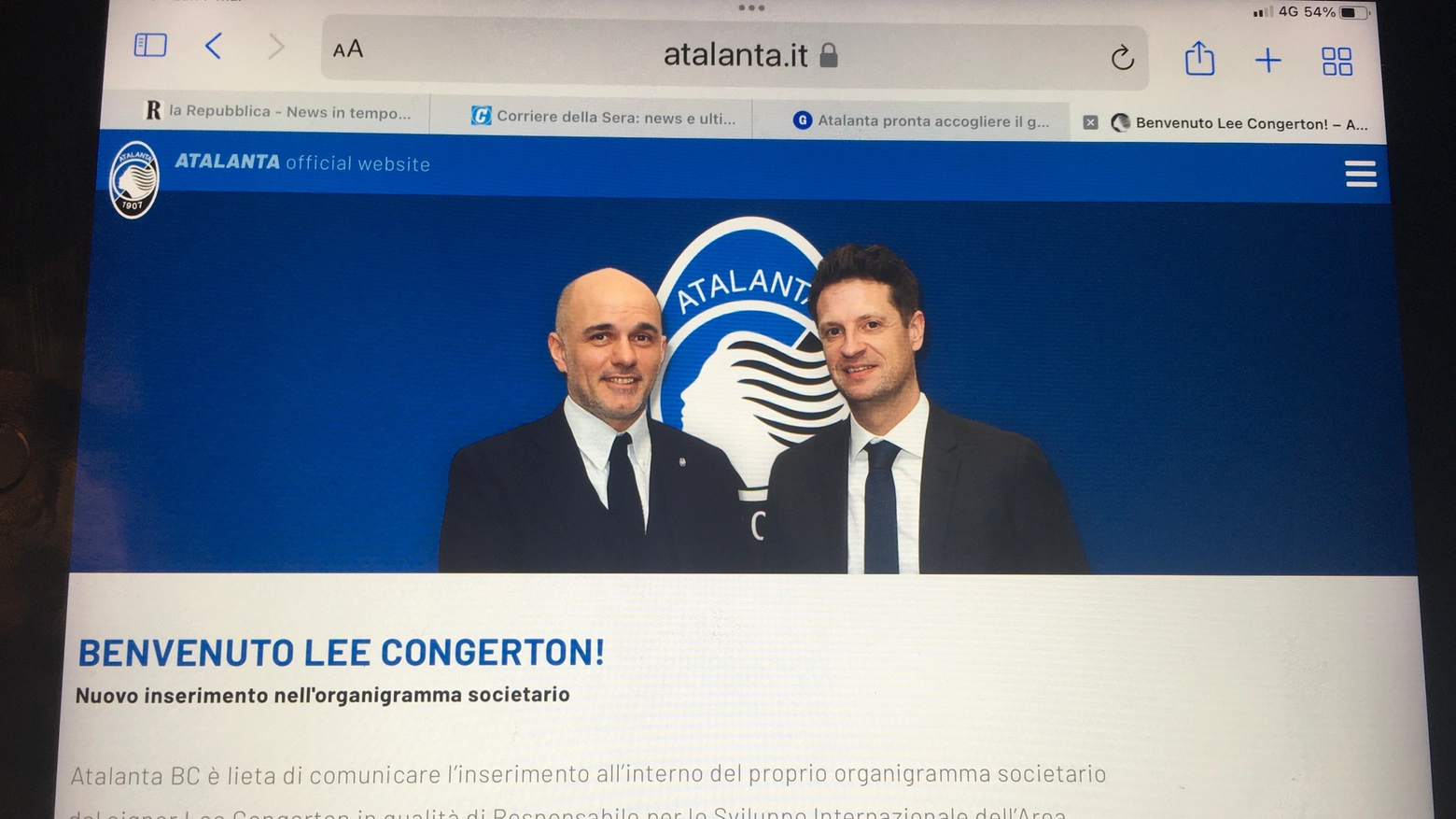 Lee Congerton è ufficiale all'Atalanta (Foto sito internet Atalanta)