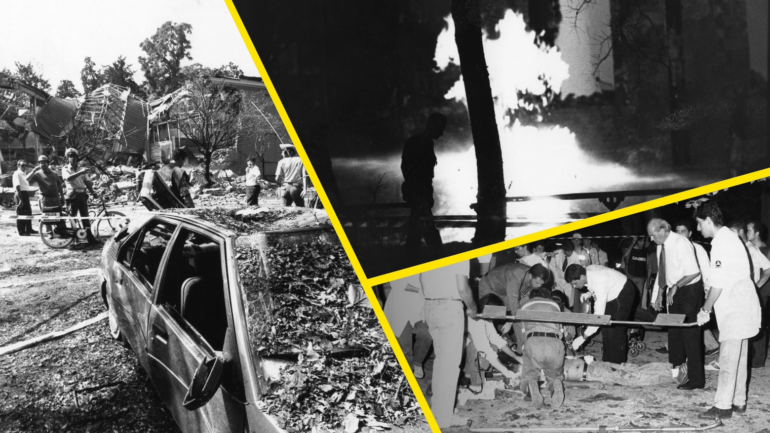 Il luogo della strage dopo l'esplosione (a sinistra), il fuoco nella notte (in alto) e il corpo di una vittima vegliato da Sandro Veronesi, in camicia bianca e cravatta