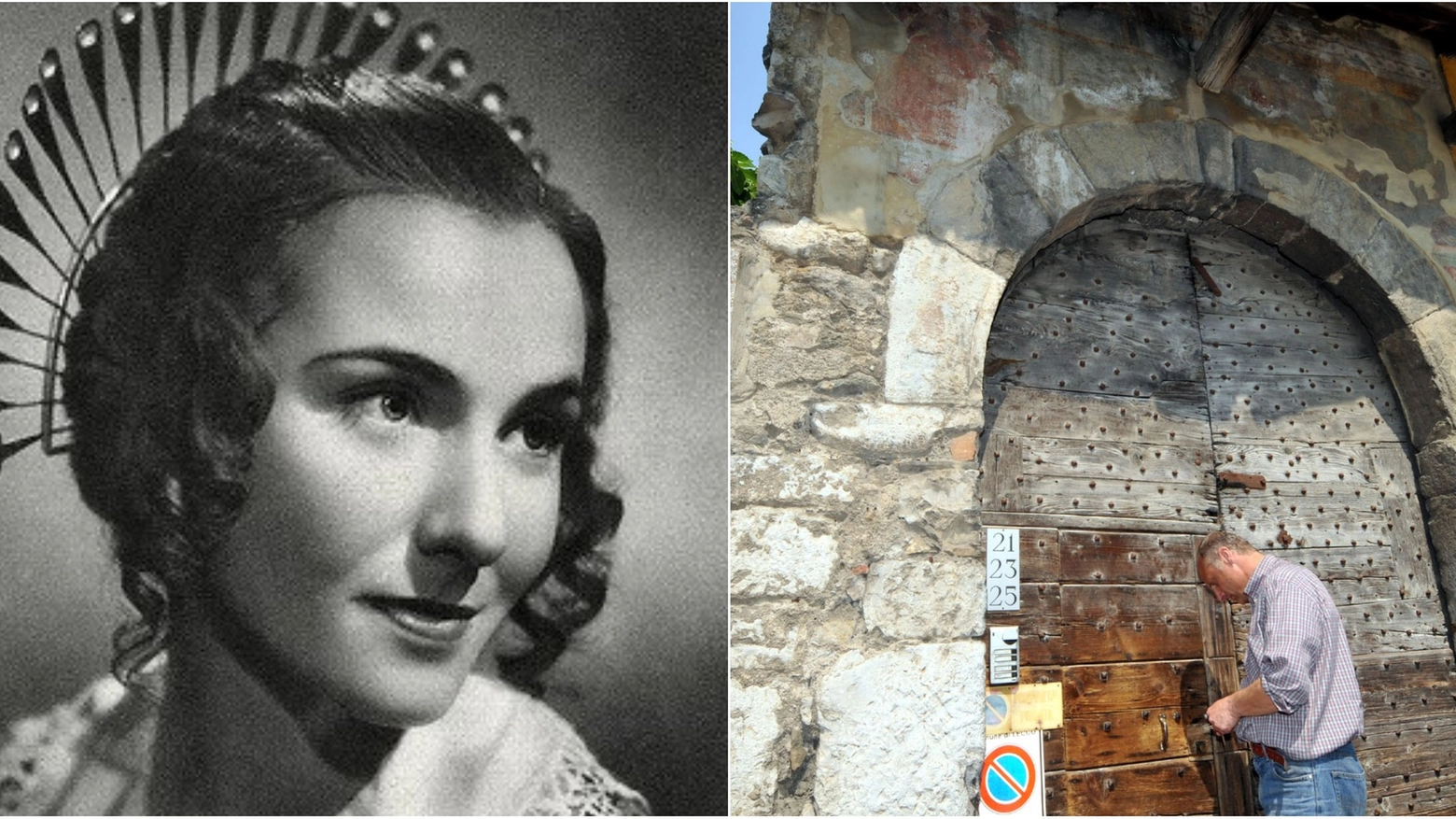 Dina Sassoli nei panni di Lucia nella versione cinematografica de "I promessi sposi" di Mario Camerini (1941). A destra, l'ingresso della sua presunta casa a Lecco