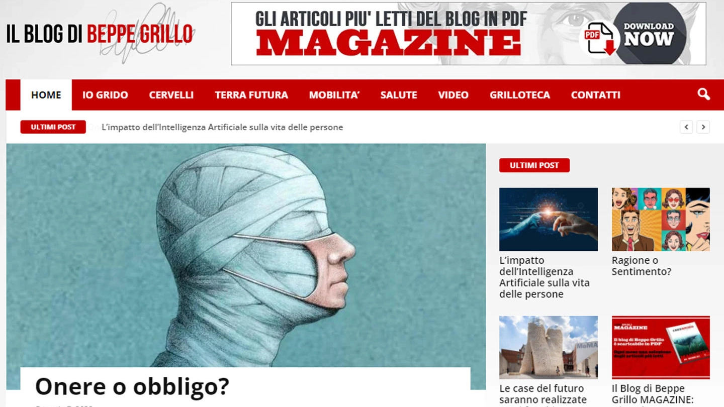 Uno screenshot del blog di Beppe Grillo del 7 gennaio contro l'obbligo vaccinale