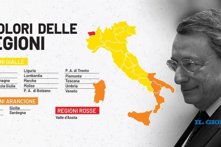 La mappa dell'Italia in base ai colori delle regioni