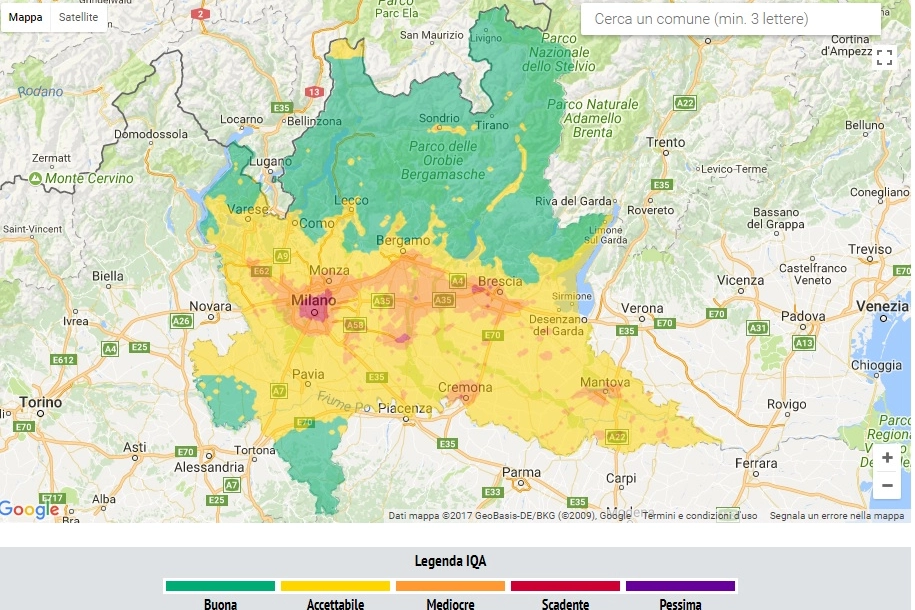 La mappa della qualità dell'aria in Lombardia