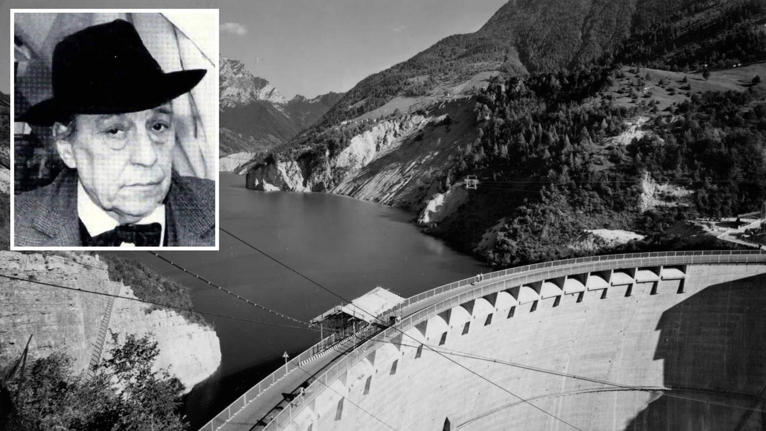 La diga del Vajont appena terminata, dopo la caduta della prima frana nel 1961. Nel riquadro, l'inviato del "Giorno" Guido Nozzoli