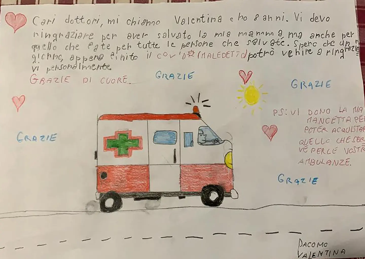 "Grazie per aver salvato la mia mamma", a 8 anni dona le “mancette” ai volontari