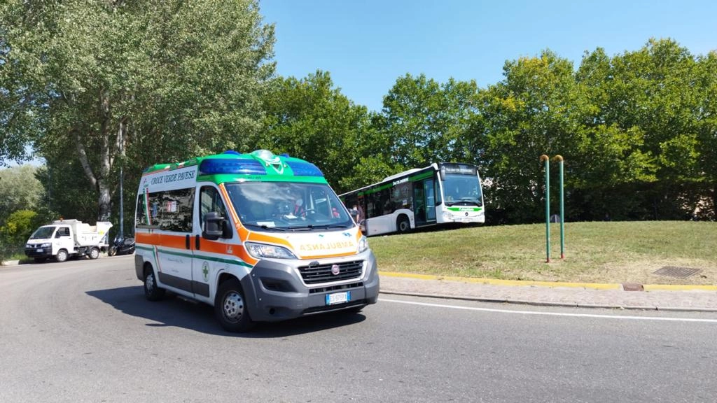 Pavia, bus di linea esce di strada al rondò