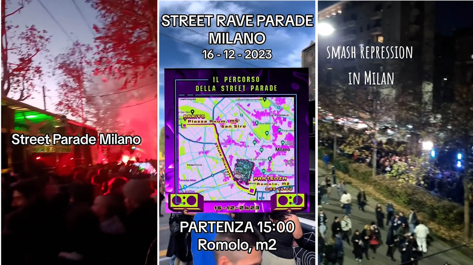 Alcuni frame da video sulla street rave parade in corso a Milano