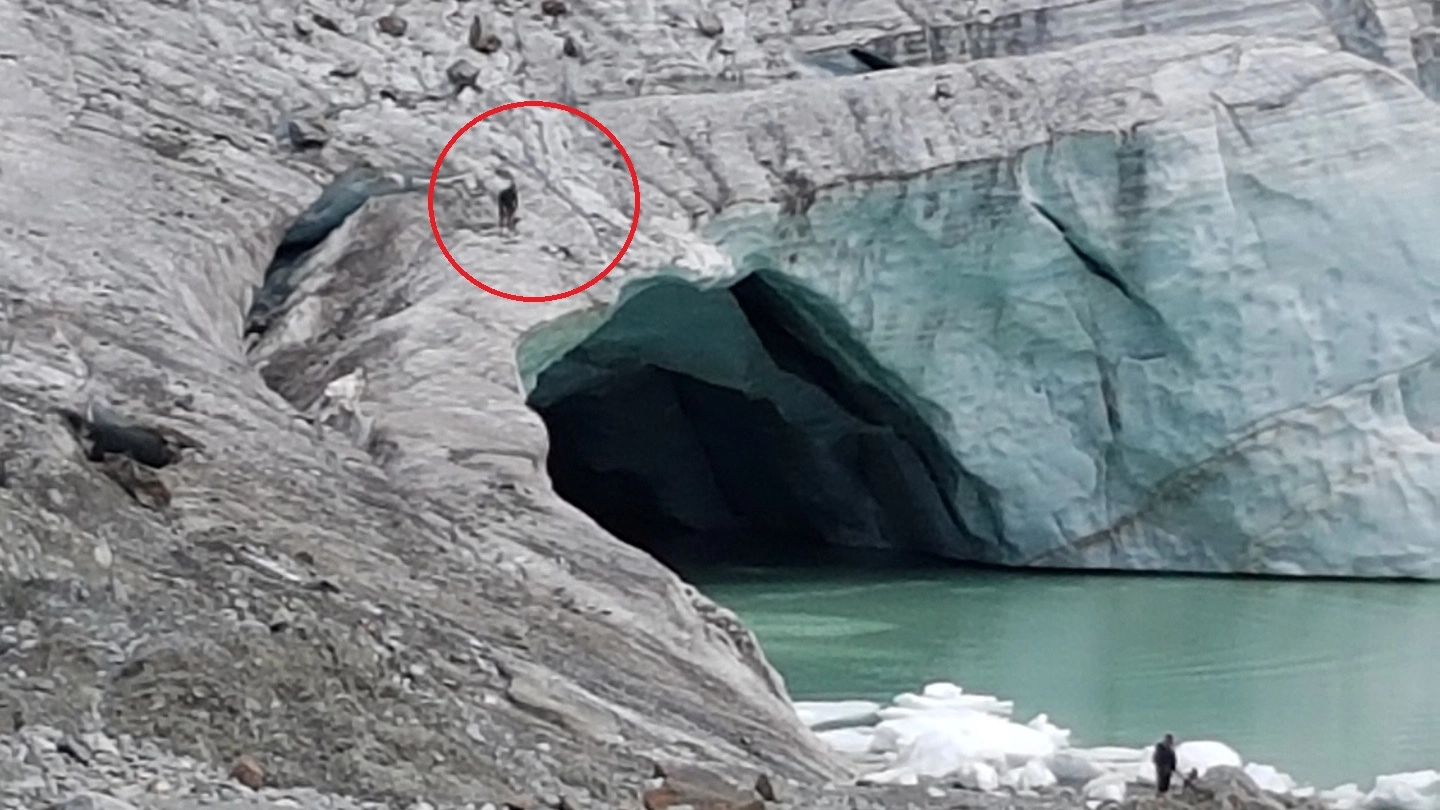Il turista ripreso sull’arcata del ghiacciaio Fellaria