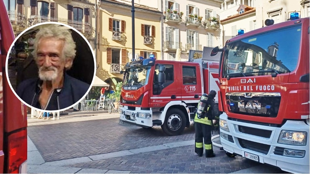 Rilievi sul luogo dell'incendio; nel tondo, la vittima Rilievi sul luogo dell'incendio; nel tondo, la vittima
