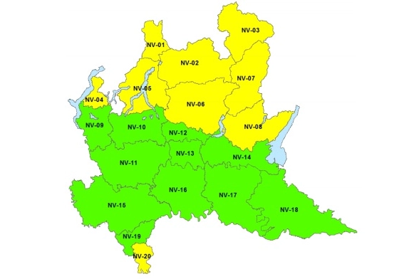 La mappa dell'allerta neve da Protezione Civile Lombardia