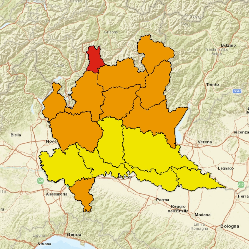 L'allerta meteo nelle varie zone della Lombardia (Regione Lombardia)