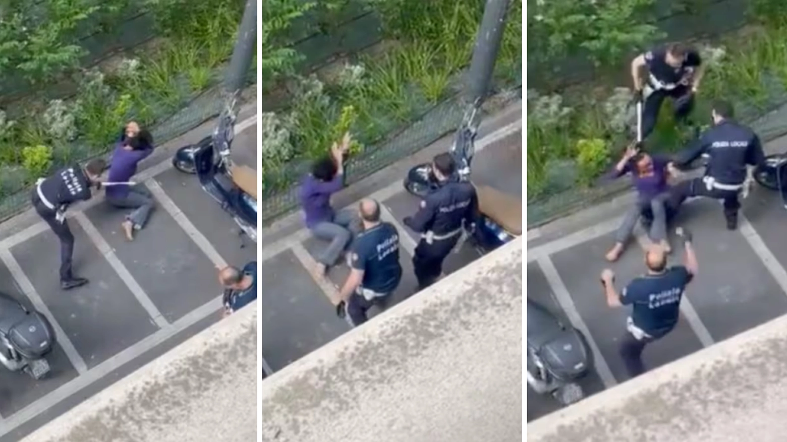 Alcuni frame del video che riprende le manganellate date dagli agenti della polizia locale Alcuni frame del video che riprende le manganellate date dagli agenti della polizia locale