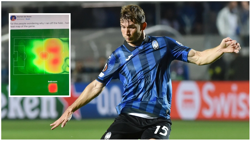 Marten De Roon; nel riquadro, il post su Twitter in cui ironizzava sul suo stop improvviso Marten De Roon; nel riquadro, il post su Twitter in cui ironizzava sul suo stop improvviso