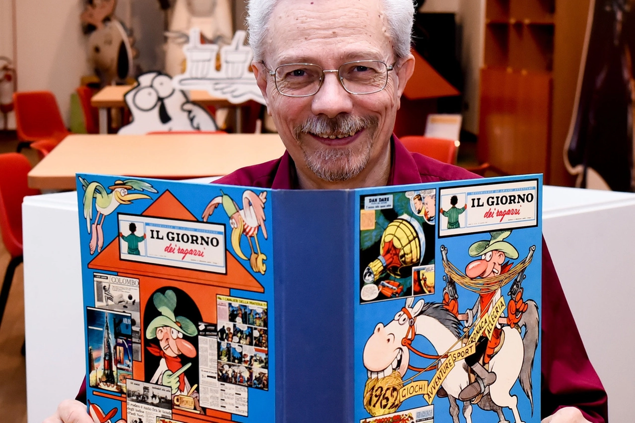GENIALE E IRRIVERENTE Benito Jacovitti (a sinistra) con la figlioletta Silvia. Qui accanto la storia di Carlo Magno, una scena di Jeff Arnold e una di Dan Dare